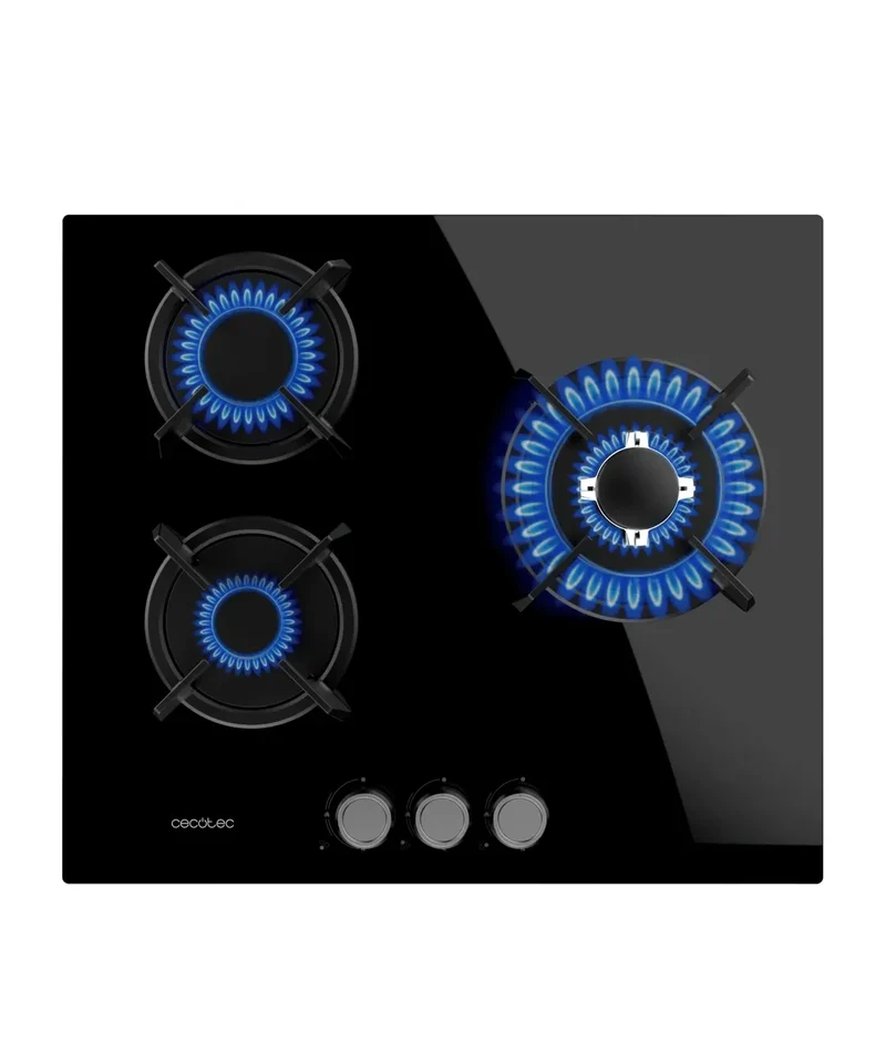 Placa de gas Bolero Squad G 3200S de cristal negro con 3 fuegos y quemador WOK potencia 625kW y seguridad incluida de Cecotec