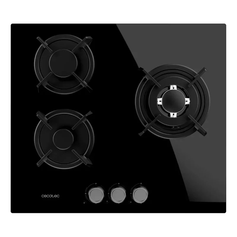 Placa de gas Bolero Squad G 3200S de cristal negro con 3 fuegos y quemador WOK potencia 625kW y seguridad incluida de Cecotec