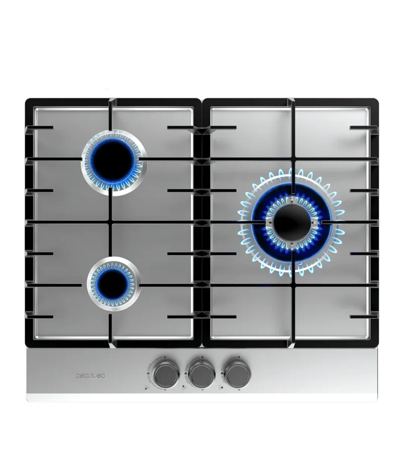 Placa de gas Bolero Squad G 3200F acero inoxidable 3 fuegos 6250W encendido eléctrico y quemador WOK triple corona de Cecotec