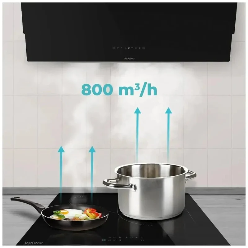 Campana Extractora 90cm Vidrio Negro, Alta Succión y Eficiencia Energética A++ de Cecotec