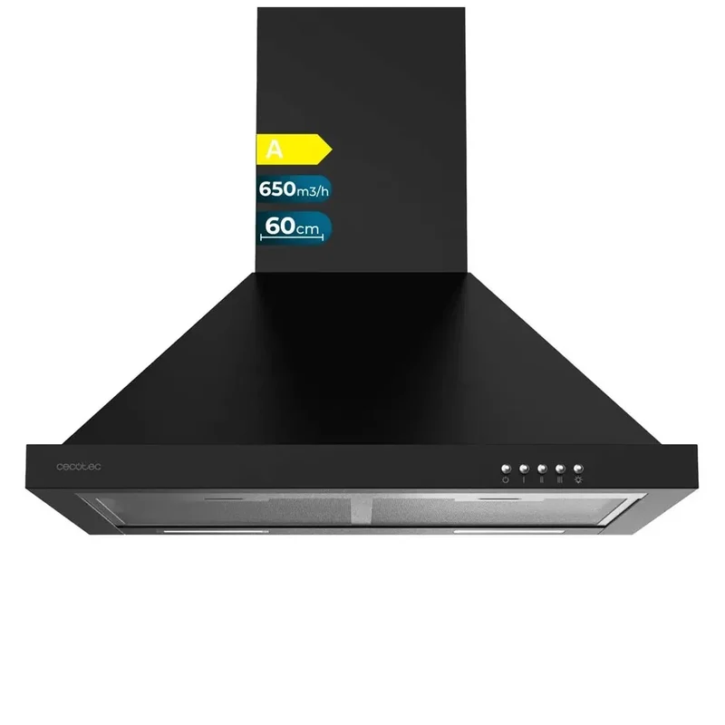 Campana Extractora Negra 60cm, 650m3/h, Clase A, con Filtros de Carbono y LED de Cecotec