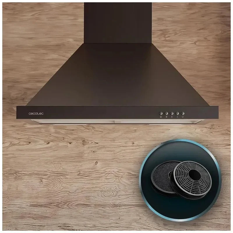 Campana Extractora Negra 60cm, 650m3/h, Clase A, con Filtros de Carbono y LED de Cecotec
