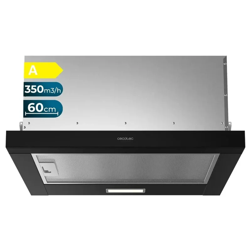 Campana Extractora Negra 60cm, Succión 350m3/h, Eficiencia A, Filtros de Carbono de Cecotec