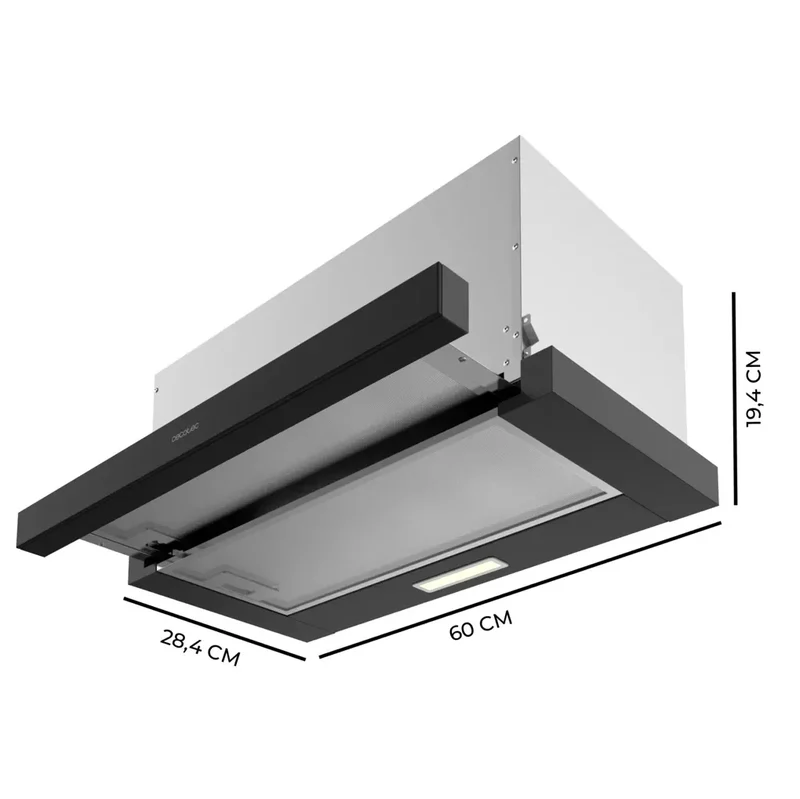 Campana Extractora Negra 60cm, Succión 350m3/h, Eficiencia A, Filtros de Carbono de Cecotec