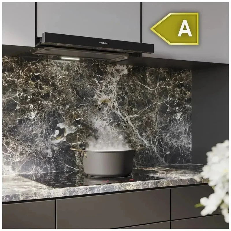 Campana Extractora Negra 60cm, Succión 350m3/h, Eficiencia A, Filtros de Carbono de Cecotec
