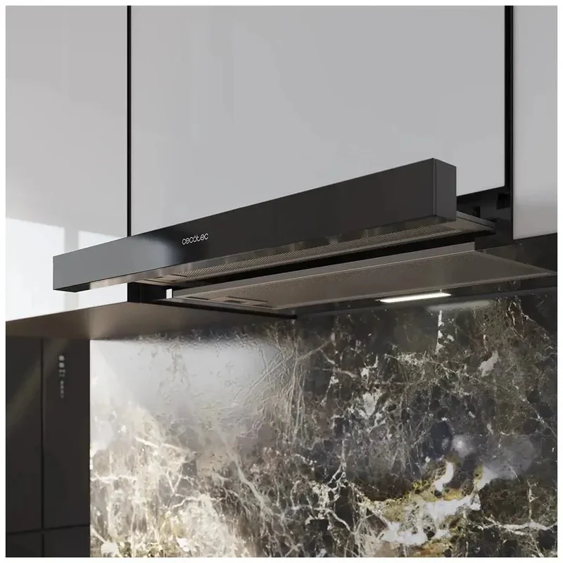 Campana Extractora Negra 60cm, Succión 350m3/h, Eficiencia A, Filtros de Carbono de Cecotec