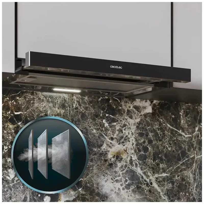 Campana Extractora Negra 60cm, Succión 350m3/h, Eficiencia A, Filtros de Carbono de Cecotec