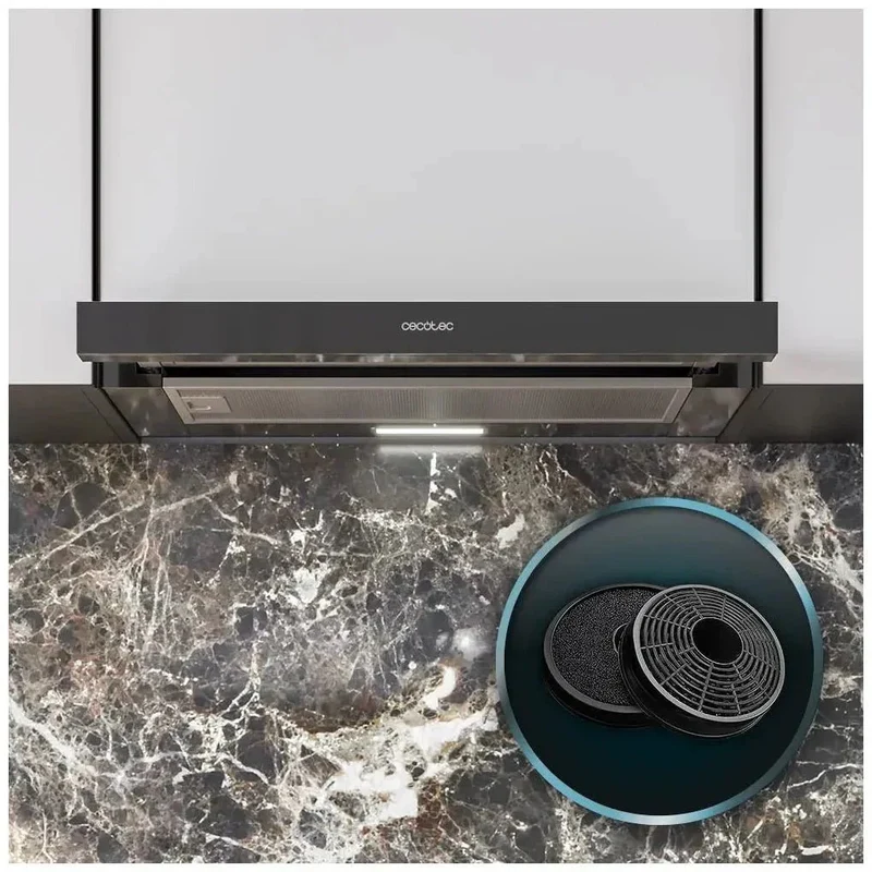Campana Extractora Negra 60cm, Succión 350m3/h, Eficiencia A, Filtros de Carbono de Cecotec