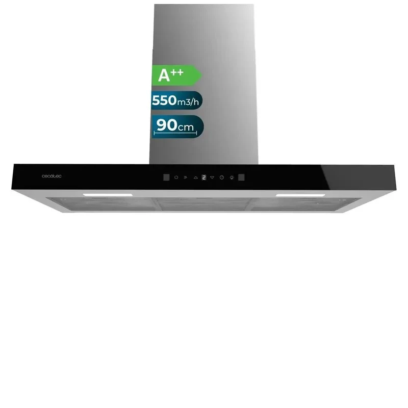 Campana Extractora 90cm Cristal Negro, Succión 550m3/h, A++, Control Táctil y Gestual de Cecotec