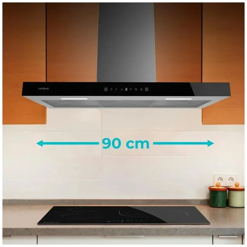 Campana Extractora 90cm Cristal Negro, Succión 550m3/h, A++, Control Táctil y Gestual de Cecotec