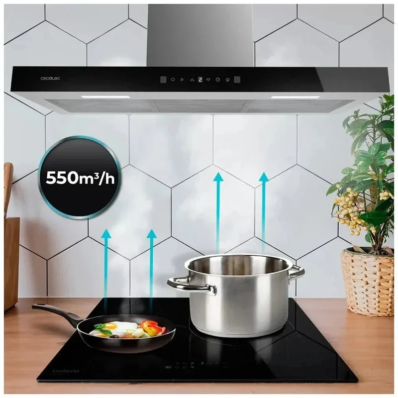 Campana Extractora 90cm Cristal Negro, Succión 550m3/h, A++, Control Táctil y Gestual de Cecotec