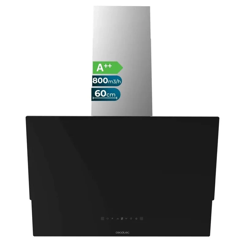 Campana Extractora de 60 cm en Vidrio Negro, Potente Succión de 800m³/h, Eficiencia A++, Control Táctil y Gestual de Cecotec
