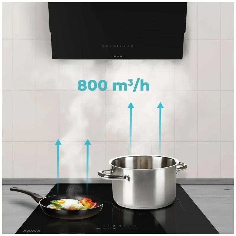 Campana Extractora de 60 cm en Vidrio Negro, Potente Succión de 800m³/h, Eficiencia A++, Control Táctil y Gestual de Cecotec
