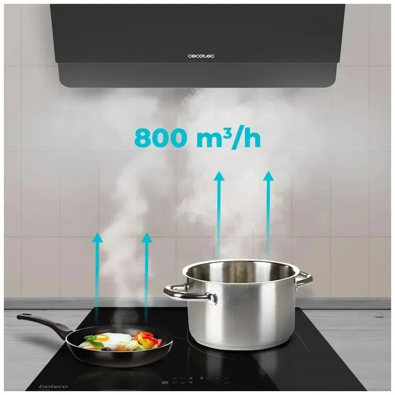 Campana Extractora de 60 cm en Cristal Oscuro, Capacidad de Succión 800 m³/h, Eficiencia A++, Con Control Táctil y Gestual de Cecotec