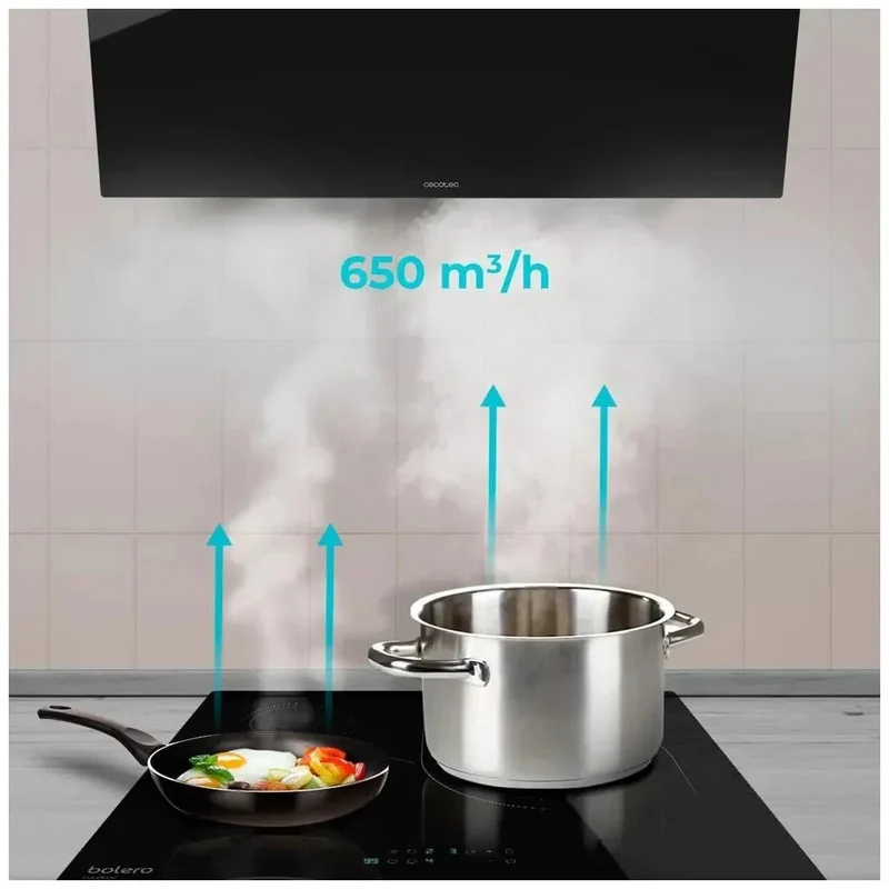 Campana Extractora 90cm Vidrio Negro, Succión 650m3/h, Clase A, 3 Niveles Potencia de Cecotec