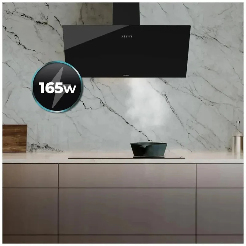 Campana Extractora 90cm Vidrio Negro, Succión 650m3/h, Clase A, 3 Niveles Potencia de Cecotec