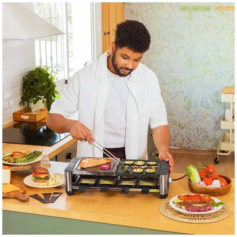 Máquina de Raclette 1400W para 8 Personas con Placas Antiadherentes y de Piedra de Cecotec