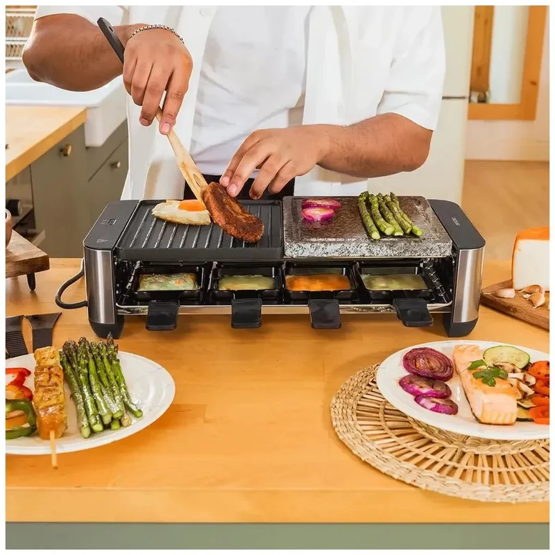 Máquina de Raclette 1400W para 8 Personas con Placas Antiadherentes y de Piedra de Cecotec
