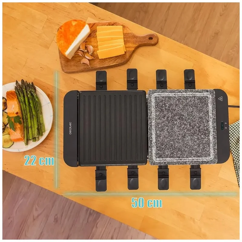 Máquina de Raclette 1400W para 8 Personas con Placas Antiadherentes y de Piedra de Cecotec