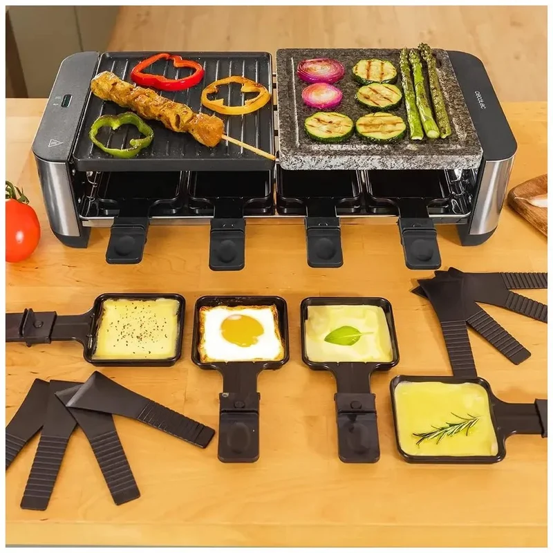 Máquina de Raclette 1400W para 8 Personas con Placas Antiadherentes y de Piedra de Cecotec