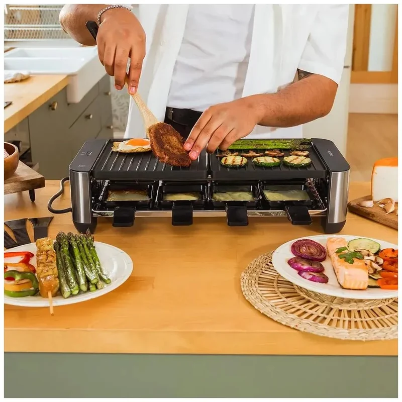 Máquina de Raclette 1400W Inoxidable para 8 Personas con Grill y Plancha de Cecotec