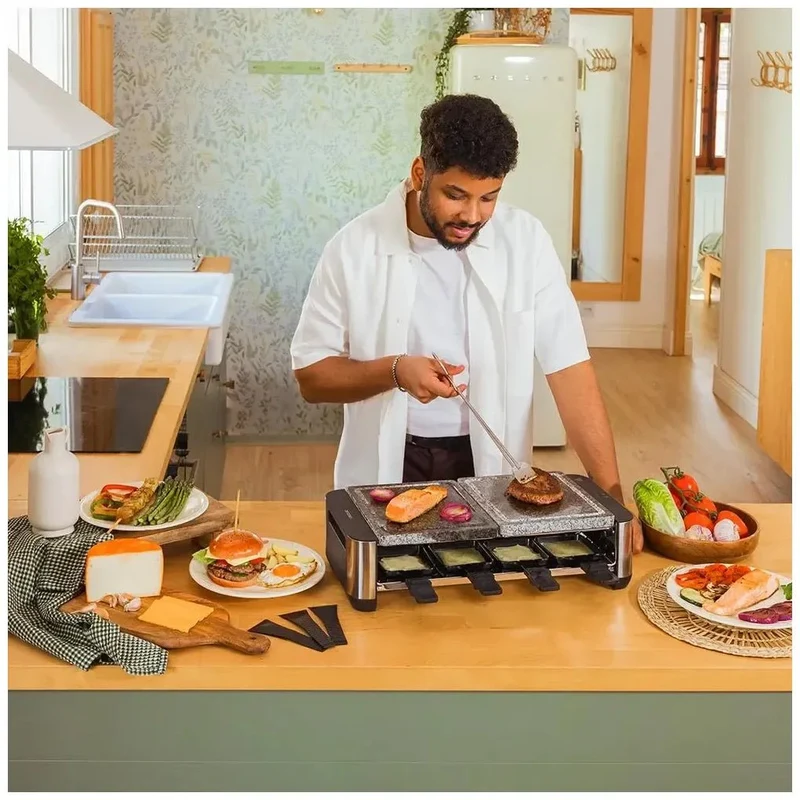 Máquina de Raclette 1400W para 8 Personas con Grill y Placa de Piedra Natural de Cecotec