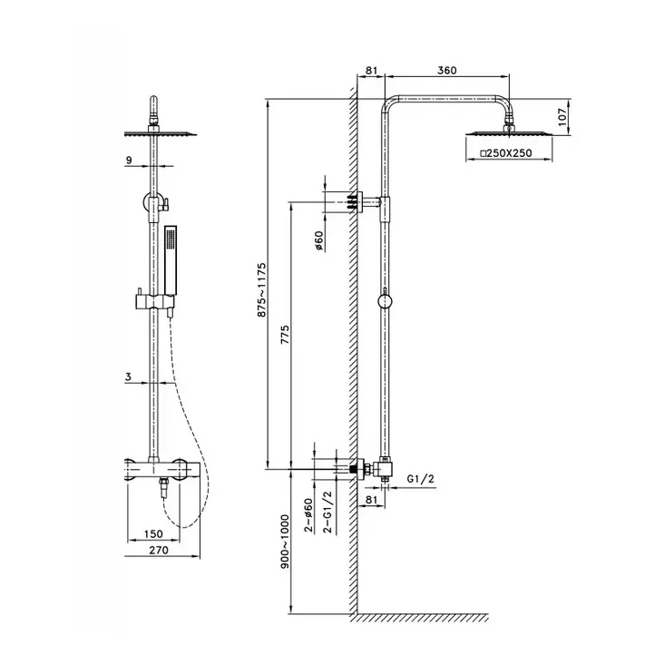 Columna de ducha termostática fabricado en latón con un acabado negro mate Quadra Élite GME