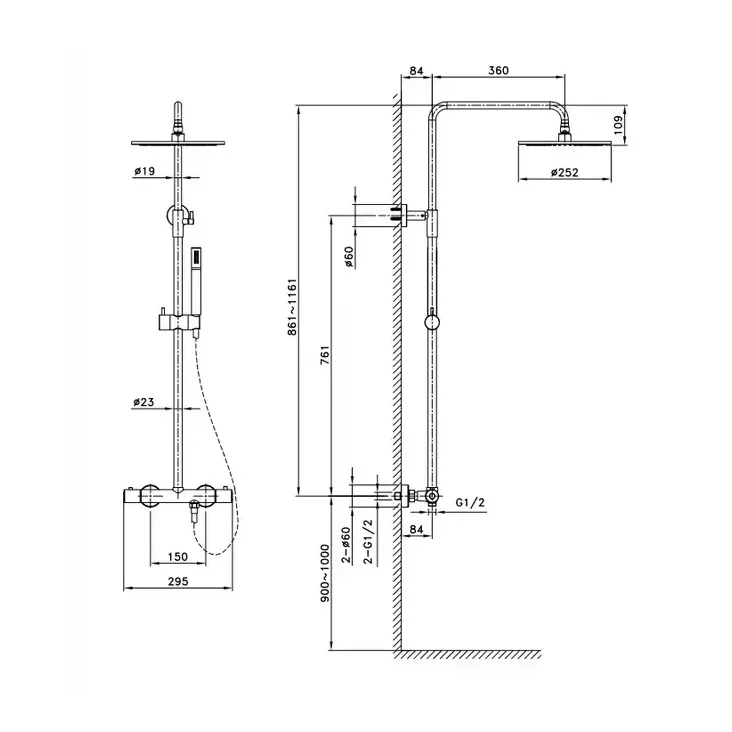Columna de ducha termostática fabricado en latón con un acabado en color titanio Round Élite GME