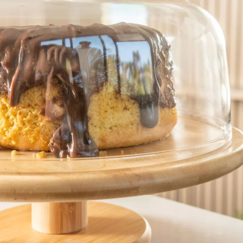 Porta Torta 27,5 cm Con Tapa y Pedestal Bambú OU